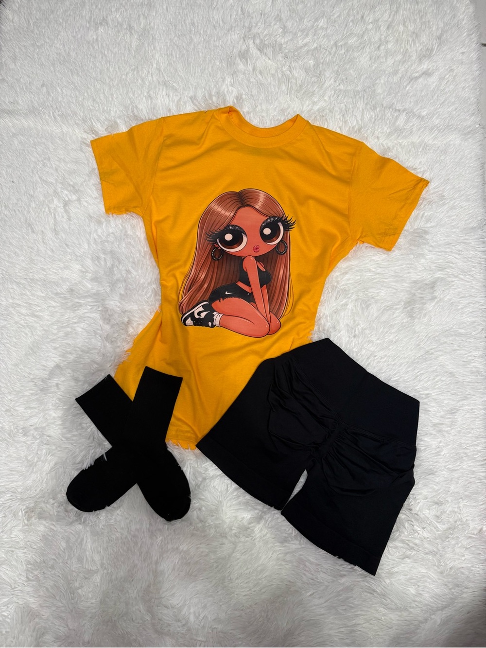 Yellow Graphic Women’s Bodysuit with Cartoon Motif